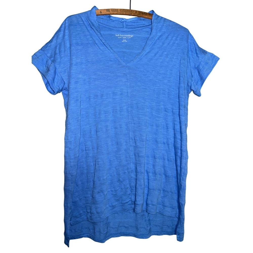 Soft Surroundings Small Blue Textured V-Neck Top Short Sleeve Cuffed High-Low